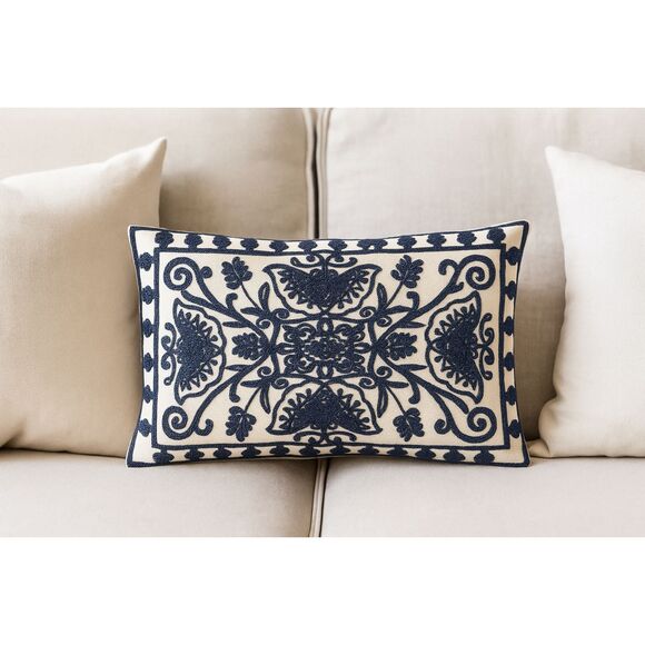Traditional Lumbar Pillow Cover 19x12 Blue Cream Embroidered Boho Cottage Decor - Picture 1 of 6